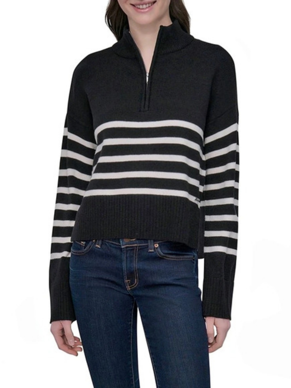 NWT DKNY Striped Mock Neck Zip Sweater Black & White